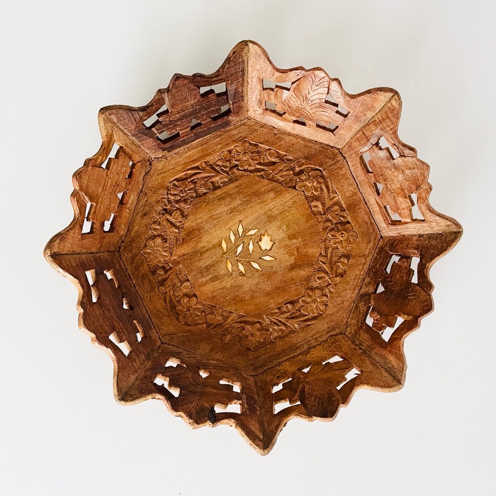 Vintage Hand-Carved Wooden 10” Tray Floral Inlay Octagonal